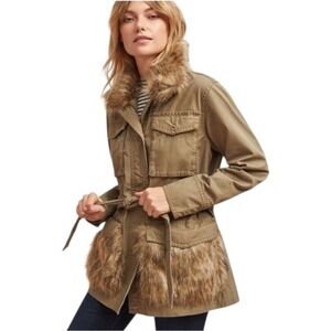 Anthropologie Faux Fur Trimmed Field Parka Olive Green Utility Jacket MED $198
